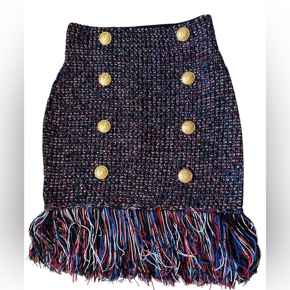 Balmain Fringe Tweed Multicolor Button Pencil Skirt - Picture 1 of 5
